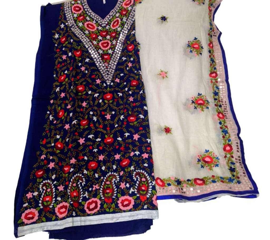 Unstitched Blue White Cotton Phulkari Handset Dollar Work-2 Piece