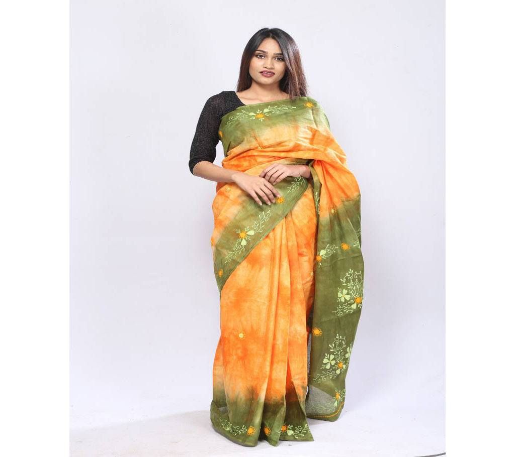 Hand Embroidery Saree-Orange & Olive Tie-dye shade