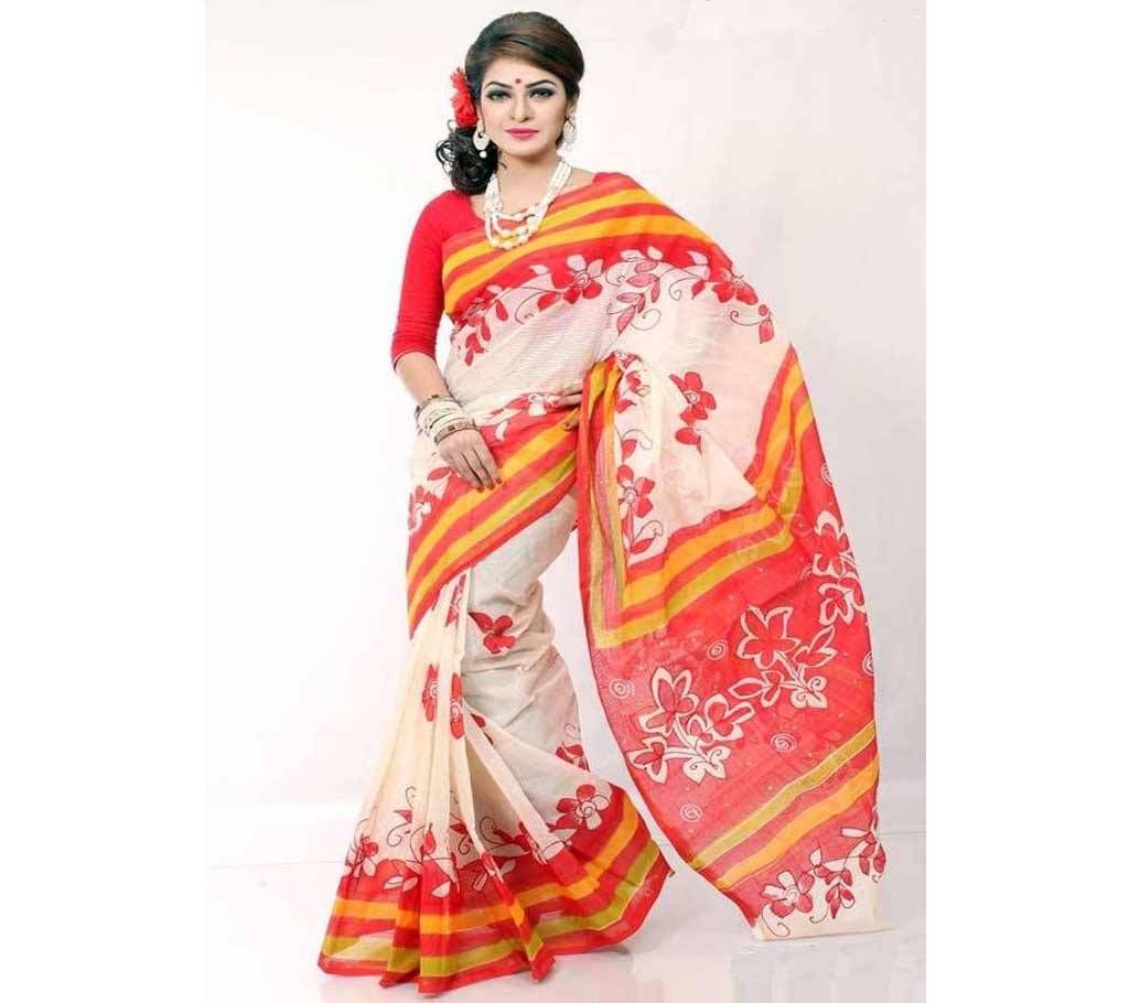 Red White Hand paint printed cotton sharee