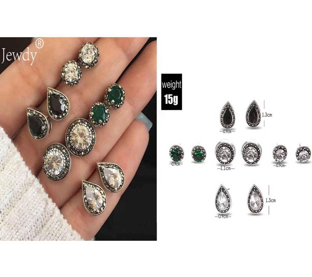 5 Pairs/Set Water Drop Green White Crystal Stud Earrings for Women
