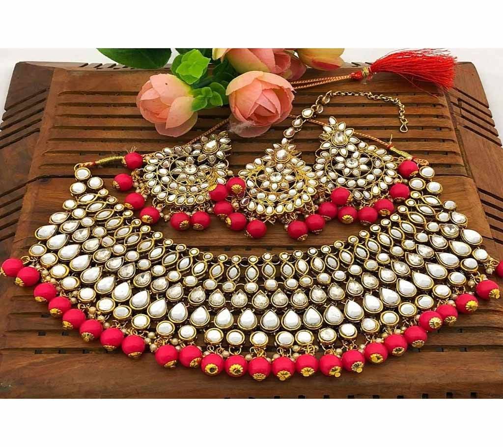 Dabbi Kundan Choker Set 09 Yellow Silver with Pink Light Red Muktas