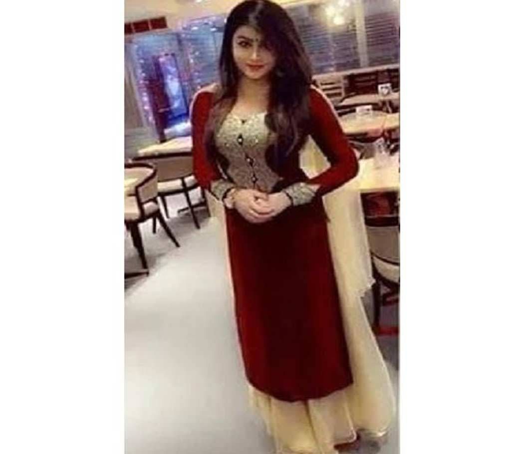 Un-stitched 3pc - India Catalog Bangladeshi Copy - Maroon and Cream - DNO2057C