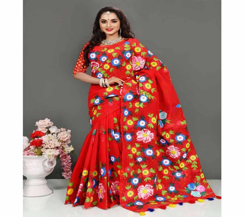 Pure Deshi Beautiful Sharee - 153 - Red Maroon with Multi Color Flower Design (SU607)