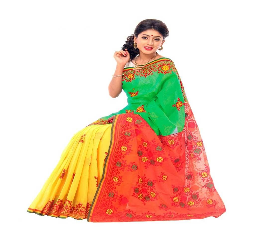 Pretty Sea Green and Yellow and Red Orange in Other Part with Yellow, Green and Red Orange Flower Design Silk Sharee - 950 (SU708)