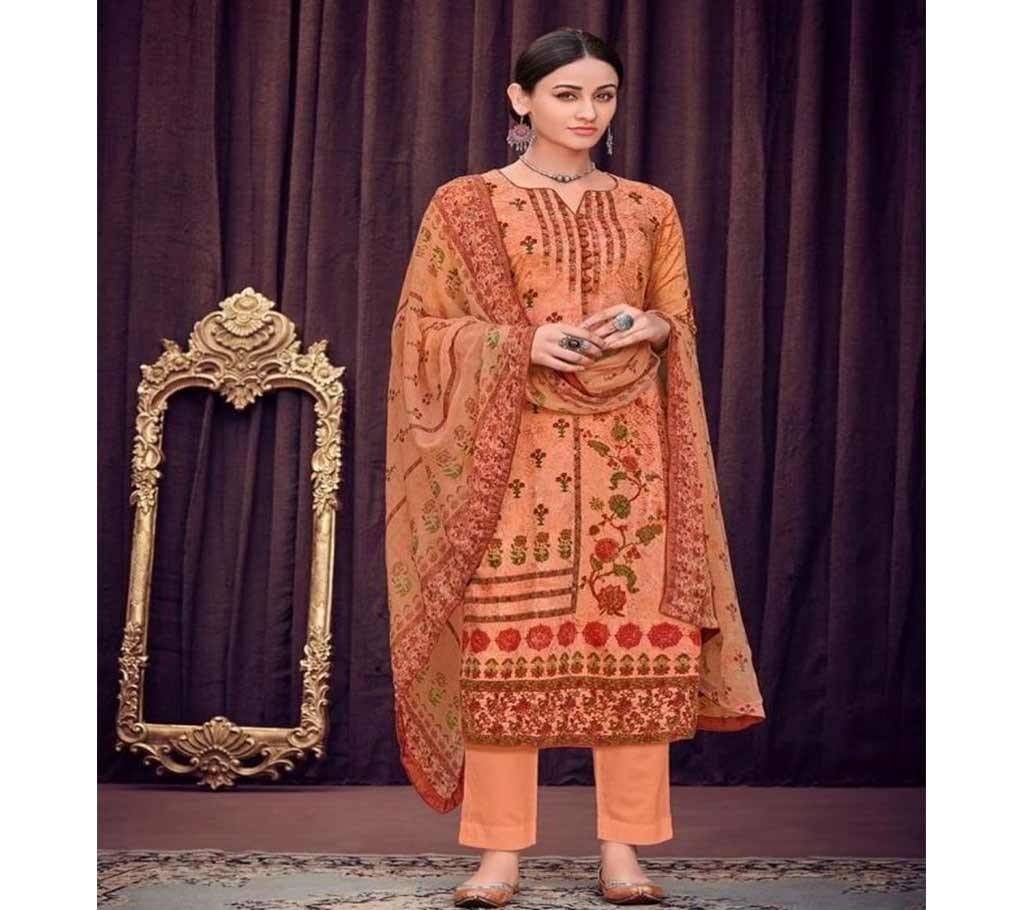 Unstitched Orange Indian Bunaai Digital Print 3pcs With Heavy Aari Work Salwar Kamez - Copy