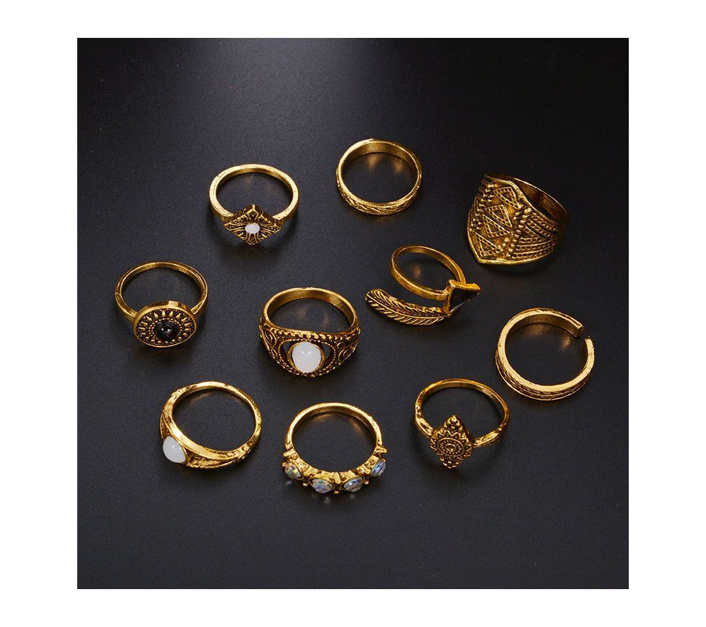10PCS/Lot Leaf Stone Ring Set Gold