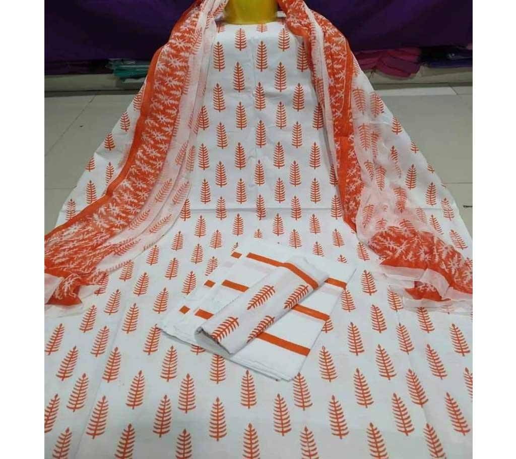 Unstitched Deshi Cotton Block 3Piece with Georgette Orna