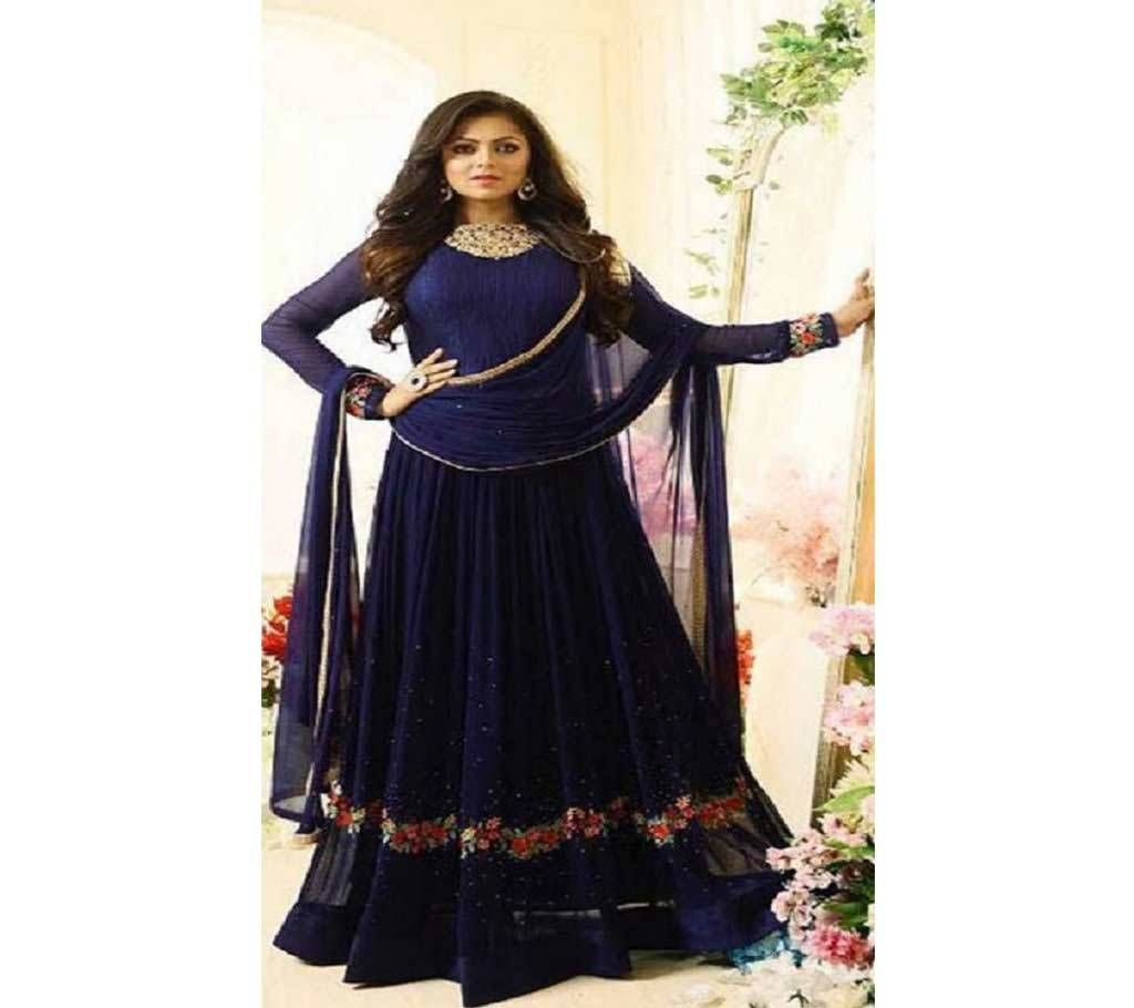 Navy Blue Georgette Embroidered Unstitched Gown for Women