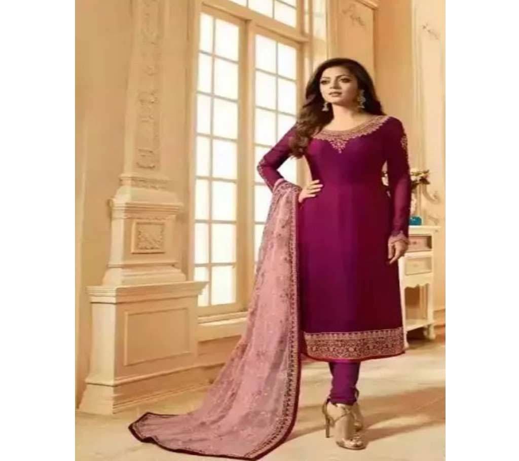 Un-stitched 3pc - India Catalog Bangladeshi Copy - Maroon With Pink Orna - DNO2051