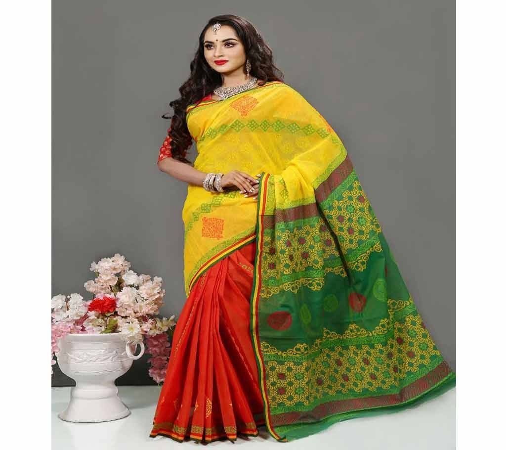 Pure Deshi Beautiful Sharee - 154 - Yellow and Red Orange Part with Sea Green and Multi Design in Anchol (SU608