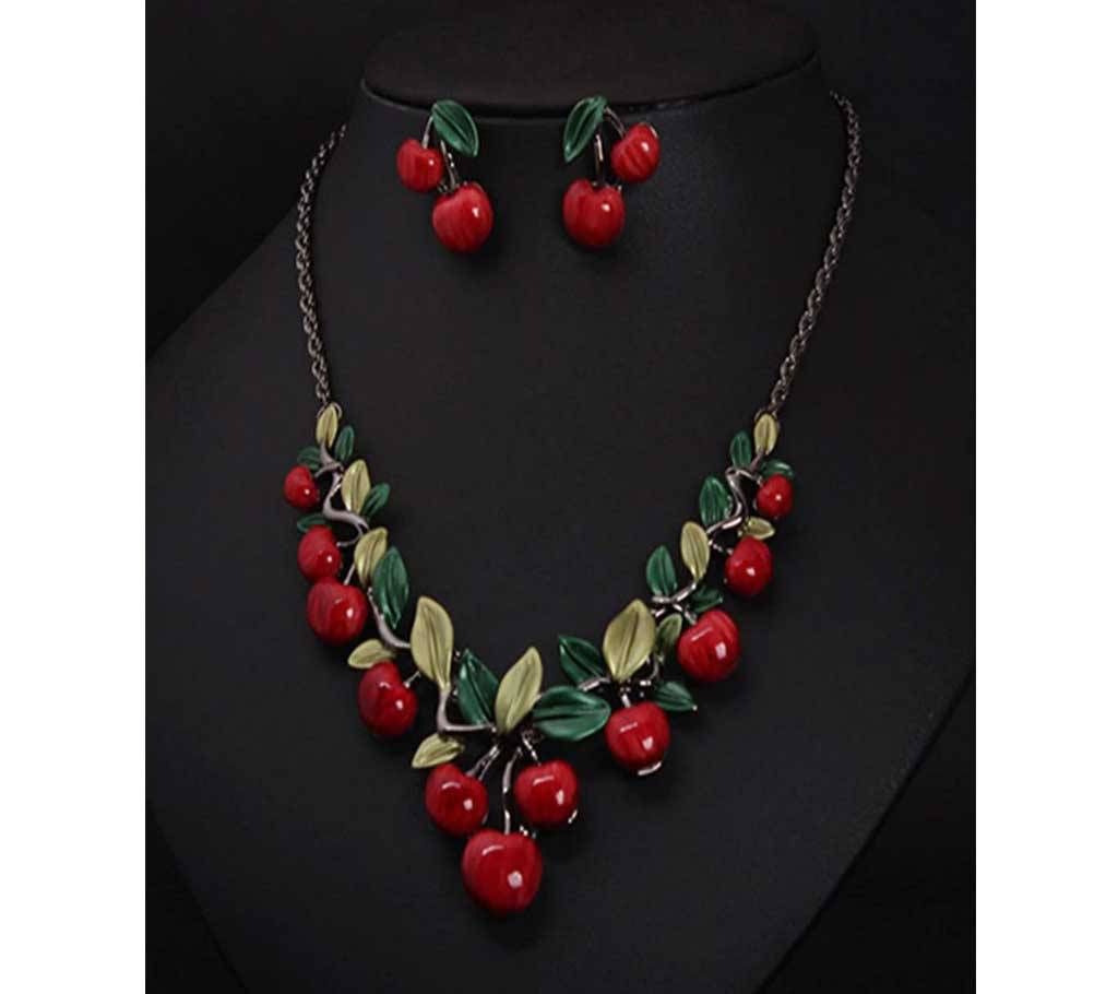 Red Cherry Necklace Earrings Set