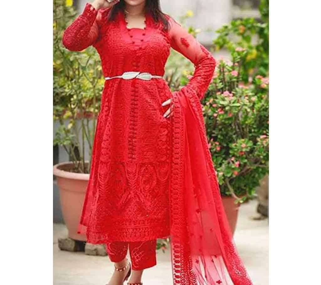   Indian Three Piece Net With Heavy Embroidery