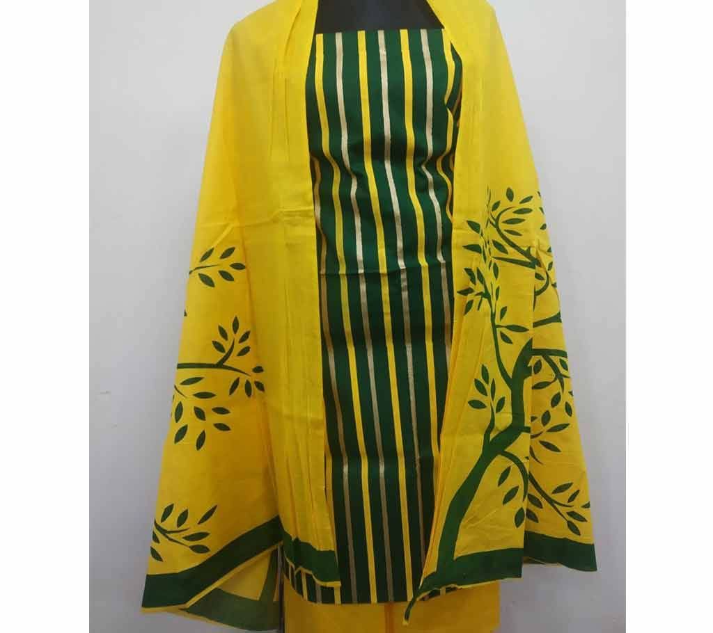  Unstitched Skin Print Salwar Kamiz Yellow Green Striped Three Piece 