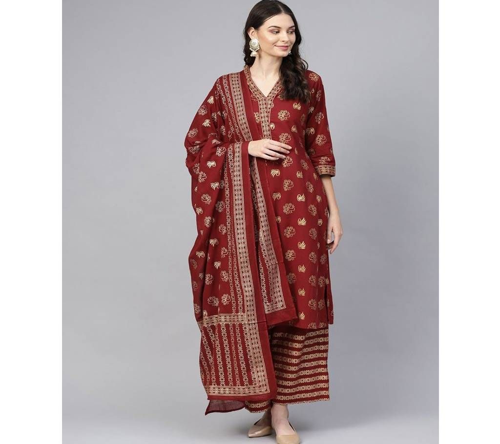 Block Printed 3 pieces Salwar Kameez for Women-Marron 