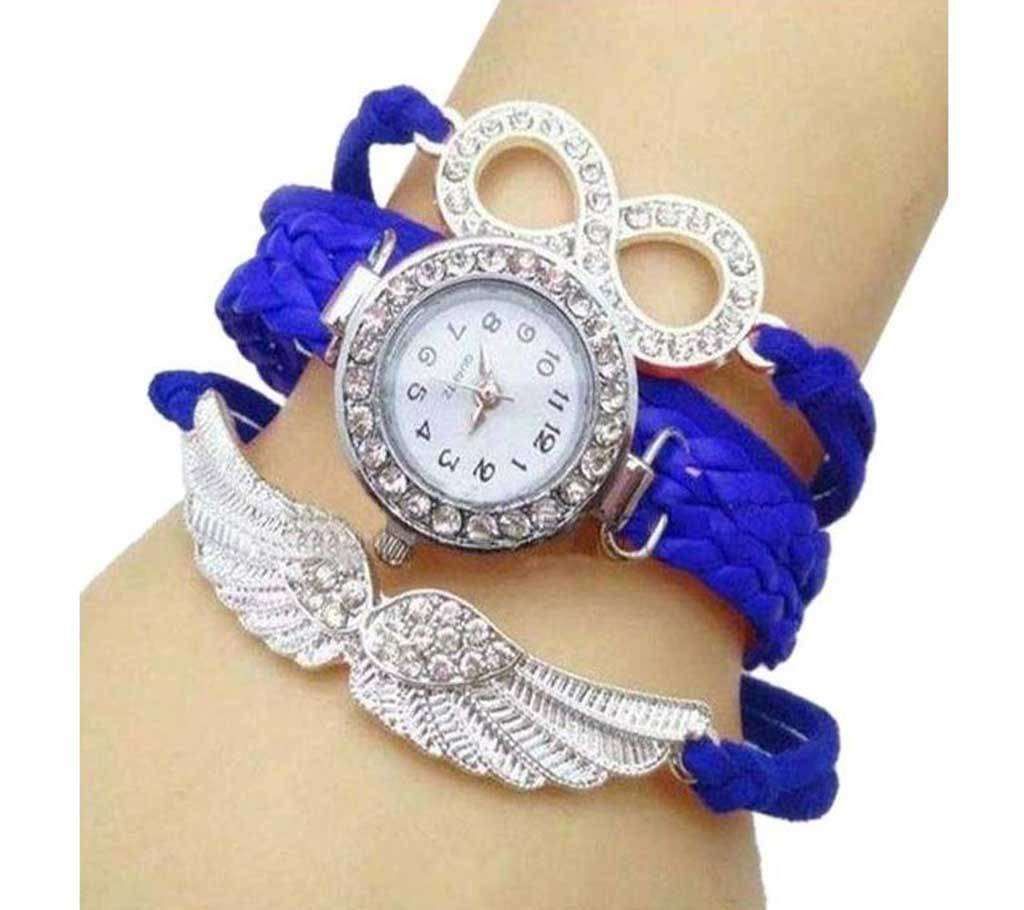 Girls Crystal Leather Birds Wings Bracelet Wrist Watch-Blue