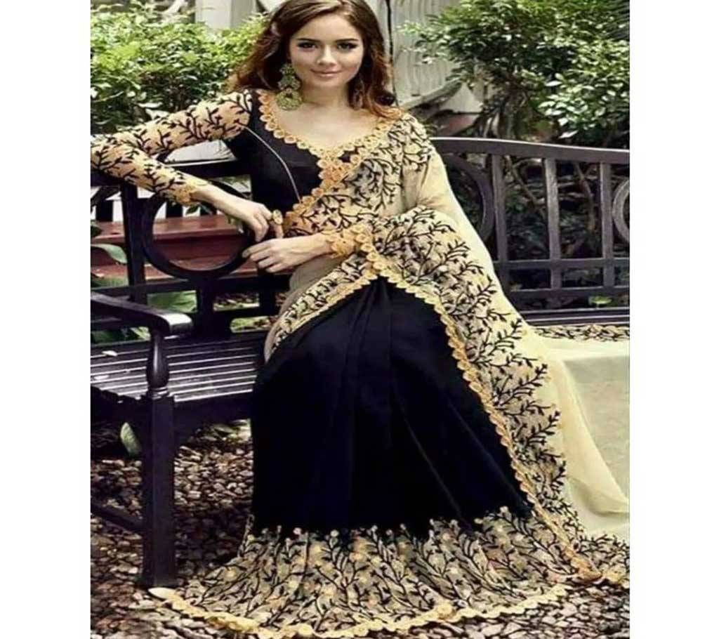 Black And Cream Colour Sharee With High Embroidery Work.