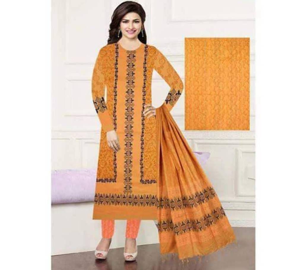 Unstitched Gold Cotton Block Printed Shalwar Kameez For Women