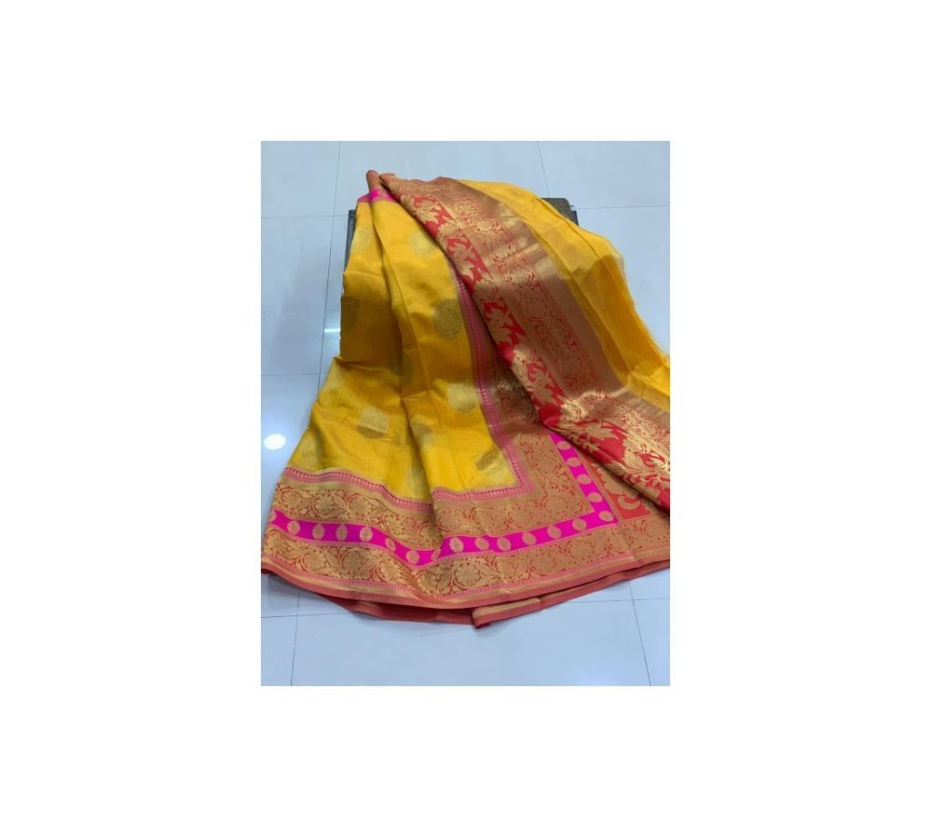 Banarasi Crystal Handloom Weaving Silk Saree  Pineapple Color Saree  Red and Pink Par  Red Anchal