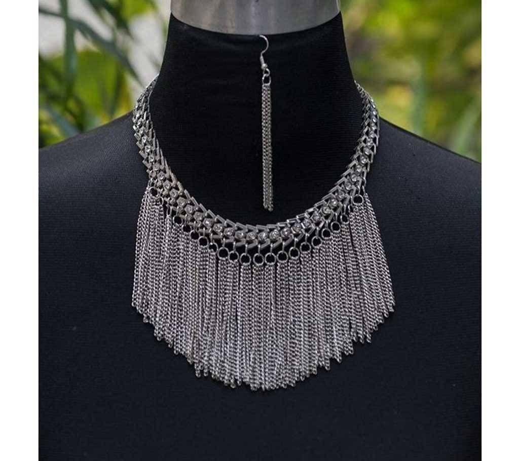 Beautiful Silver Jhul Type Locket Multi Stone Chain Locket with Earring