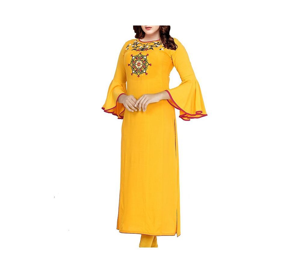 Lilen Stitched Ready to Wear Kurti D-112 One Piece Amber Yellow with Multi Design
