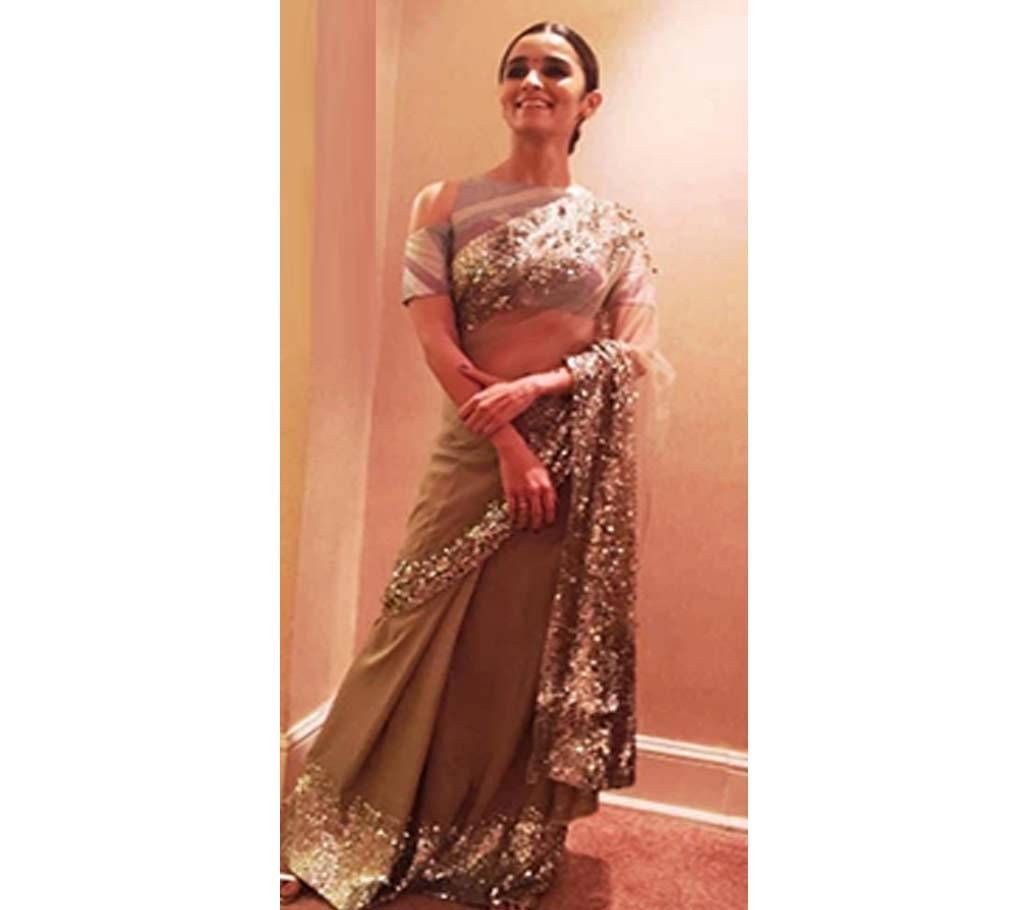 Soft Net Pearl Sharee  Grey with Multi Stone Work in Paar