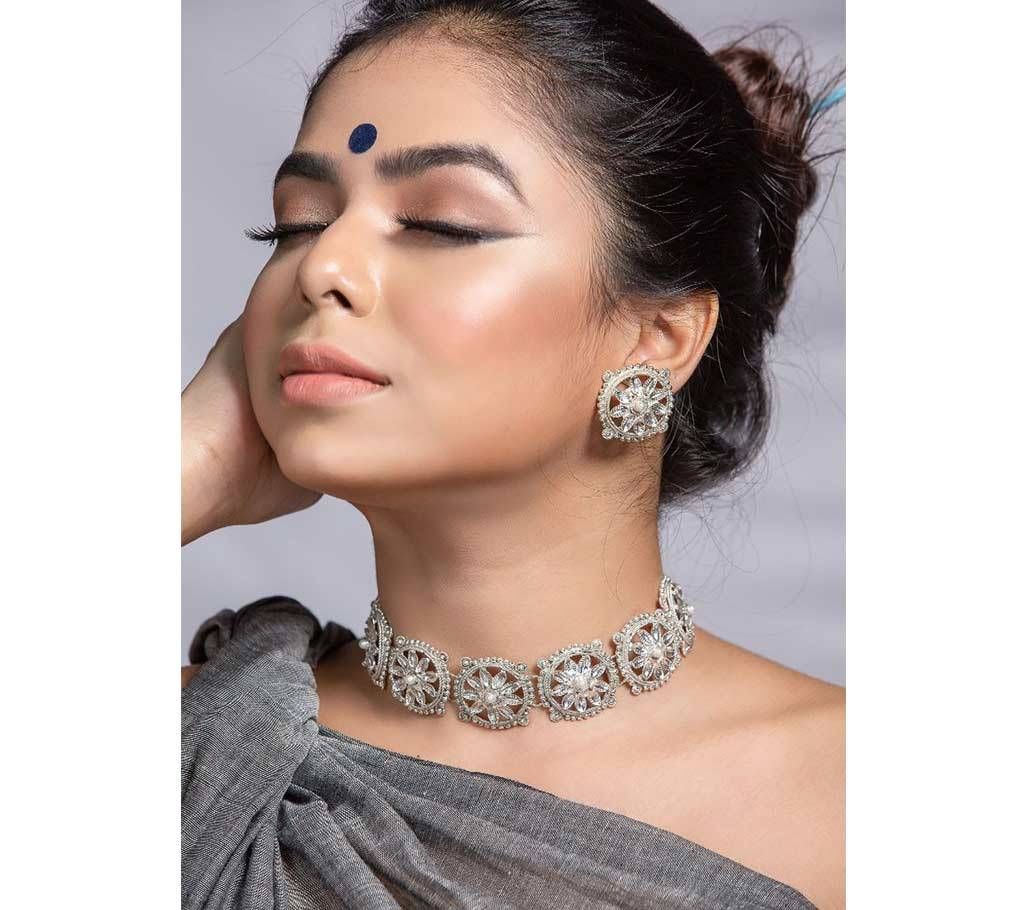 Handmade Silver Platted Choker Set with Earrings