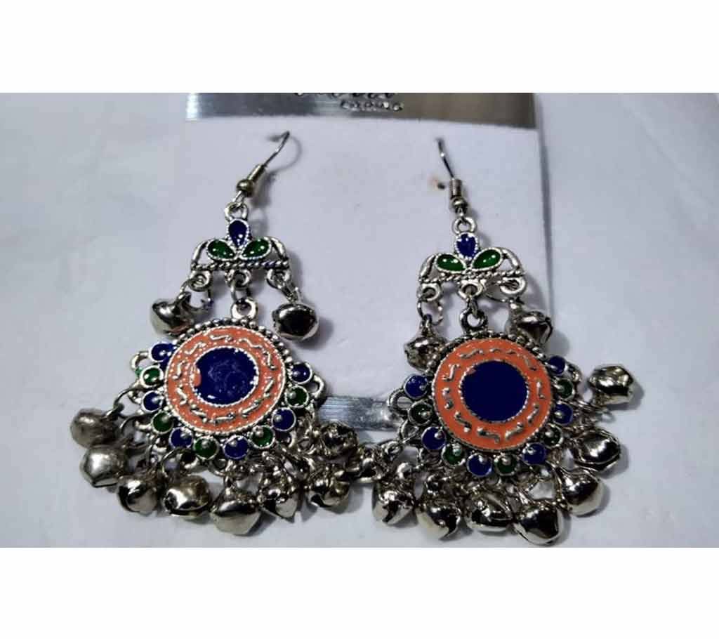 Silver Jhumka Orange with Blue Color Earring