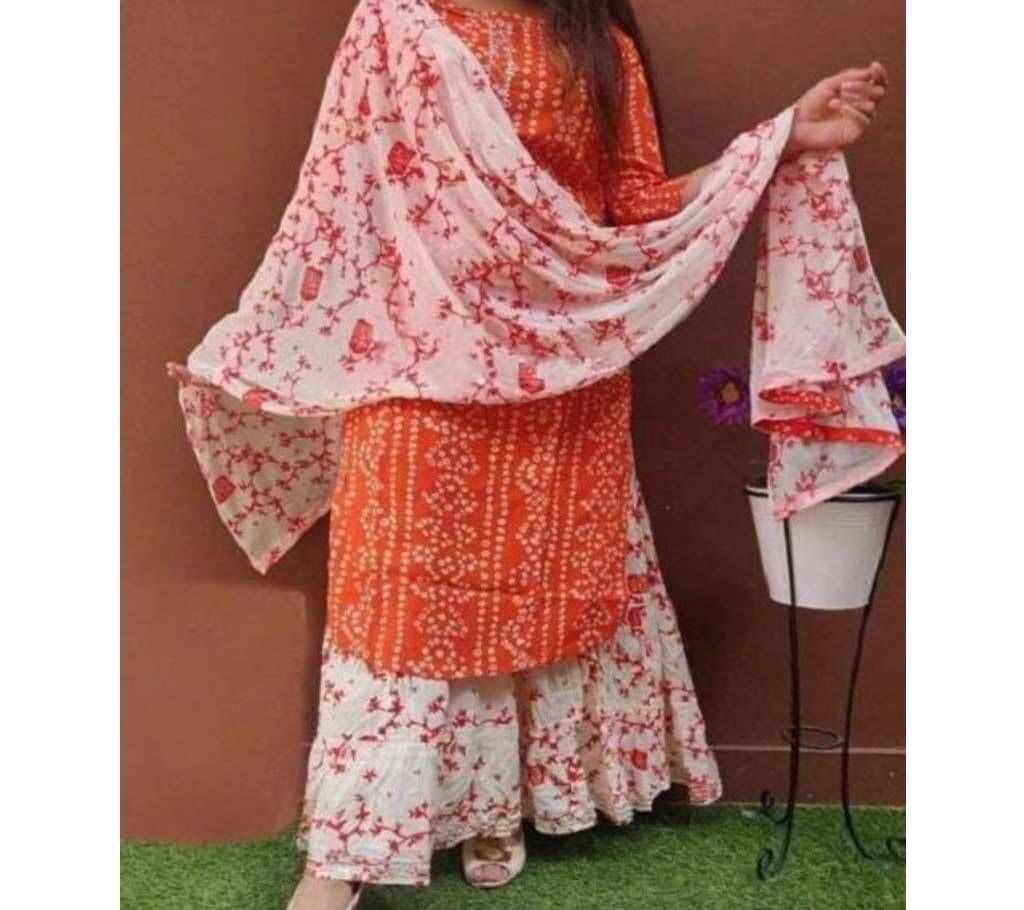 Unstitched Orange And White Block Printed Salwar Kameez For Women-free size