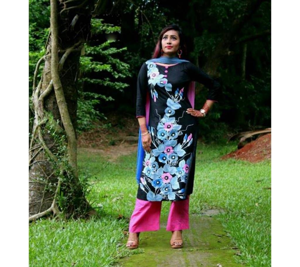 Un stitched hand painted cotton three piece 