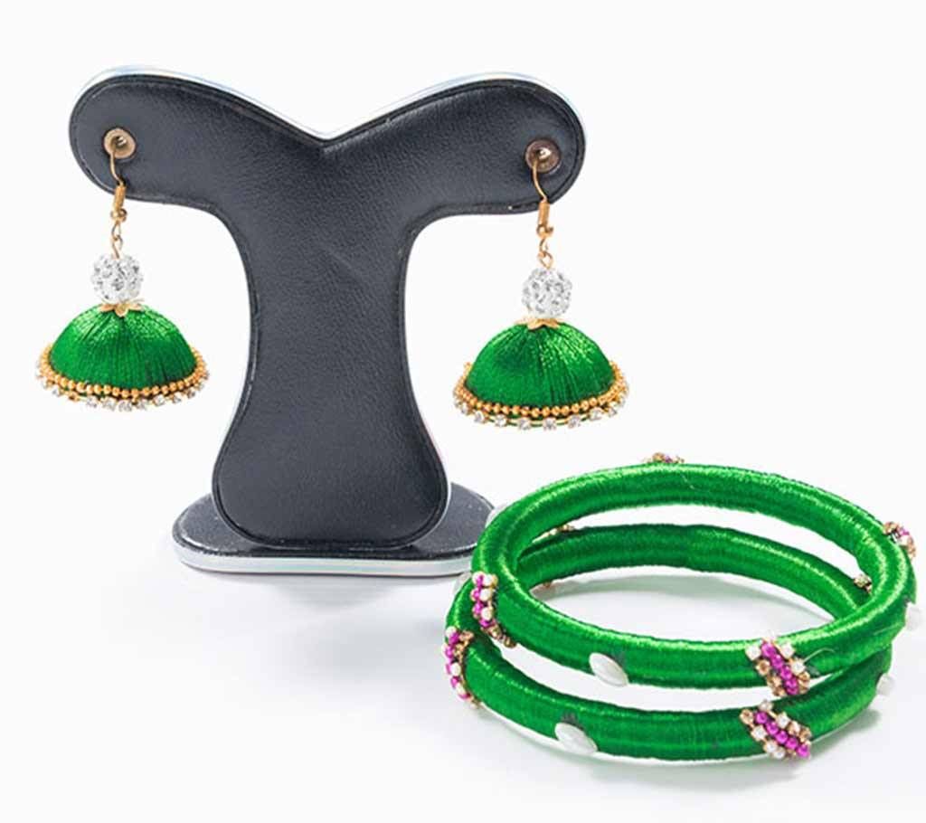 Green color silk thread earring & bangles