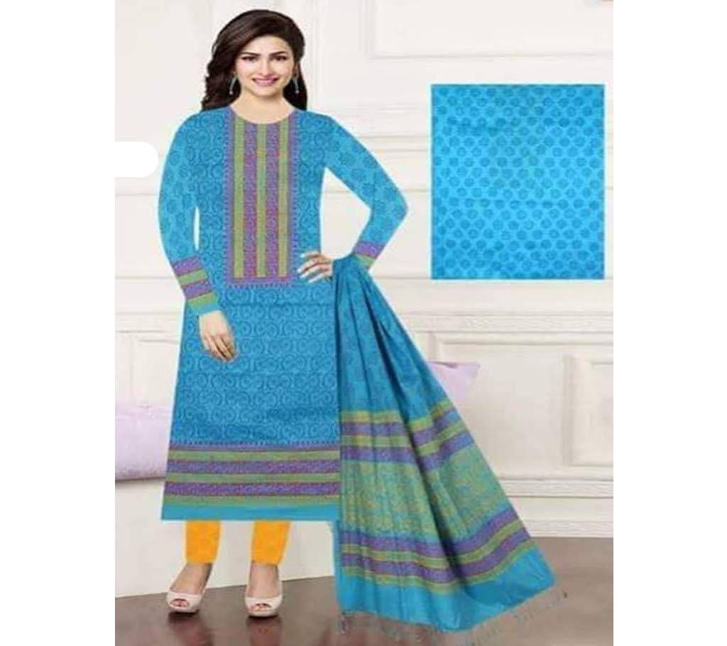 Unstitched Sky Blue Cotton Block Printed Shalwar Kameez For Women
