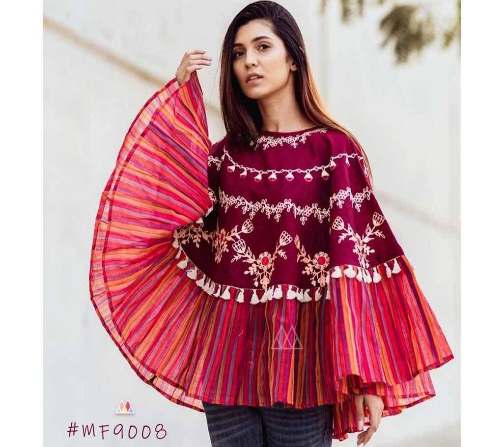 RANGEELA RE Colorful Embroidered Ponchos Maroon with Pink Orange