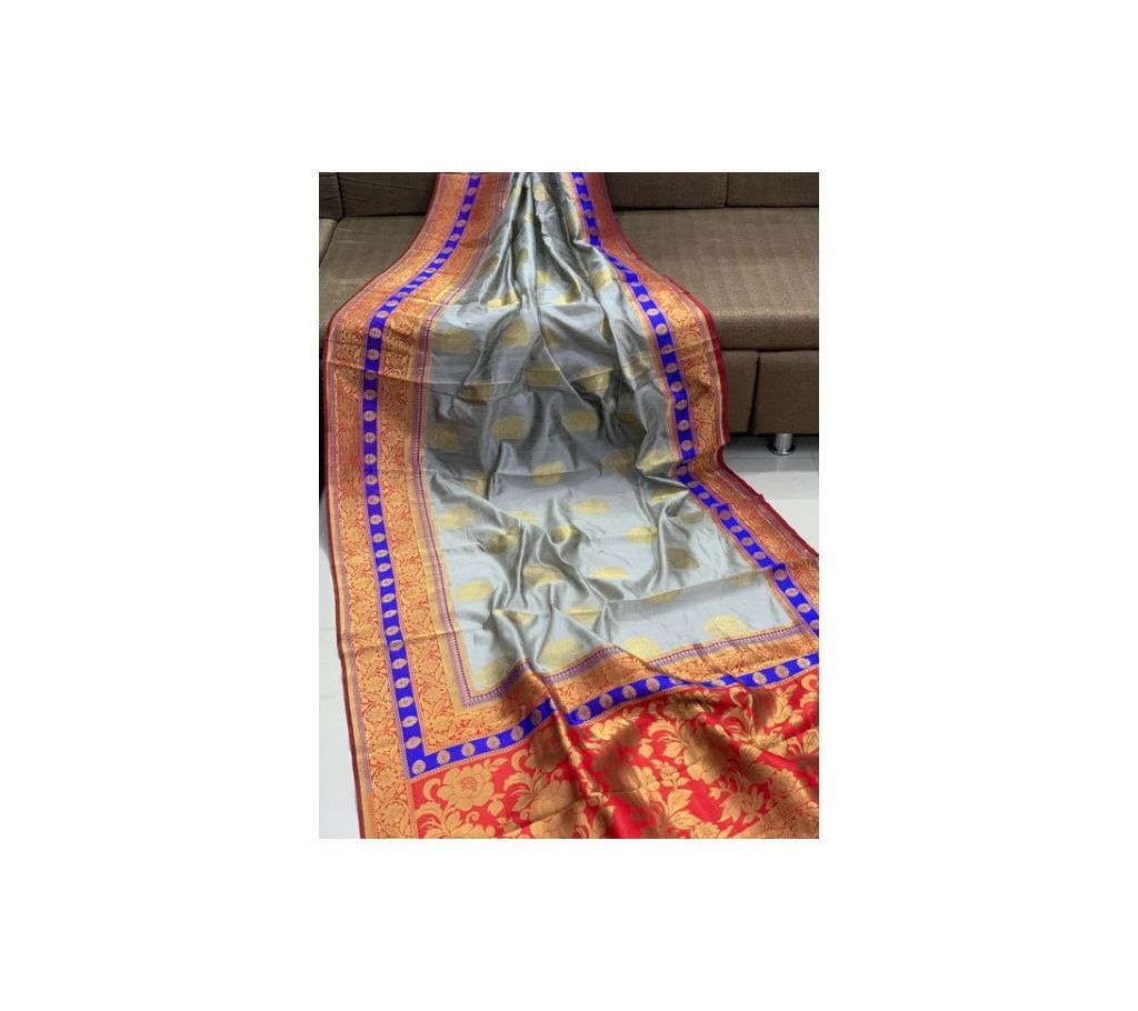 Banarasi Crystal Handloom Weaving Silk Saree  Silver Color Saree  Red and Blue Par  Red Anchal