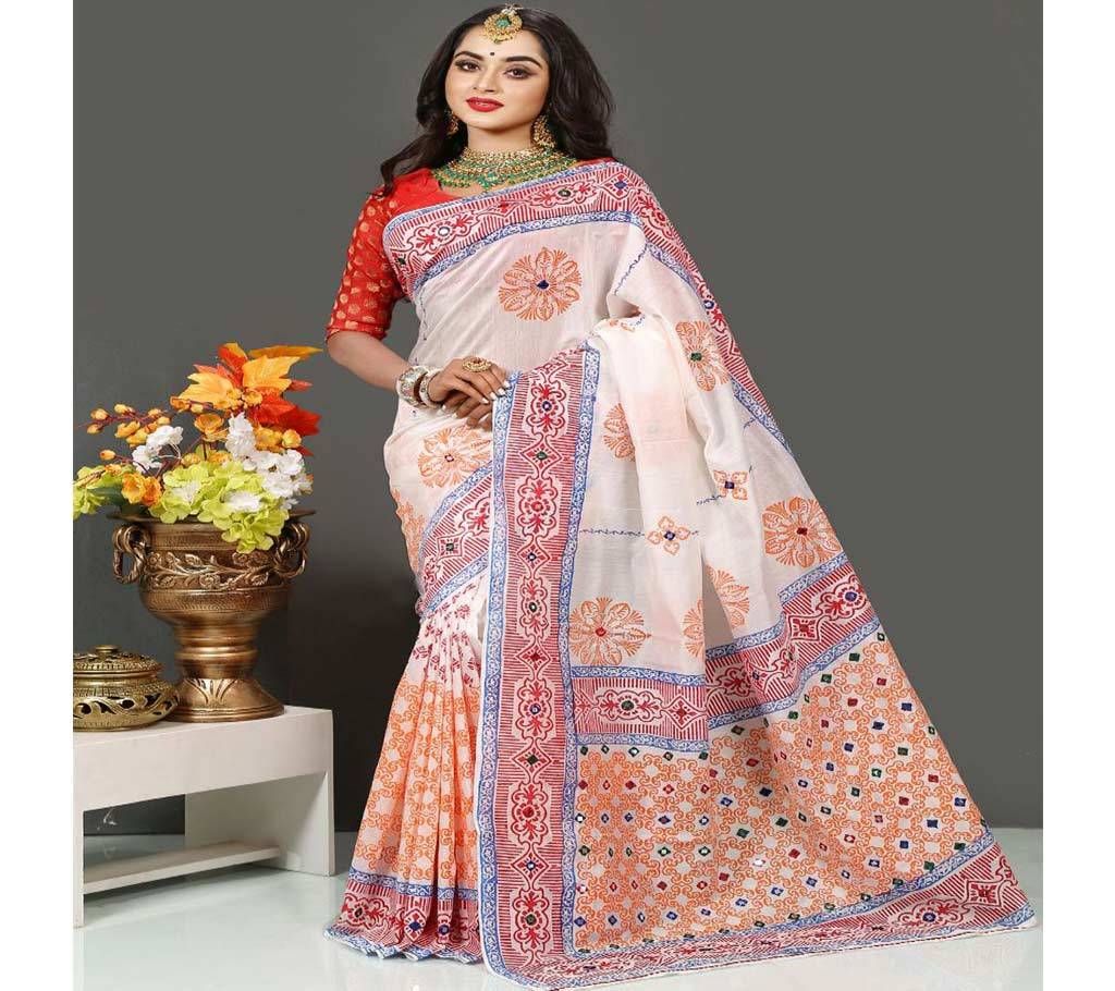Pure Deshi Beautiful Sharee - 161 - Off White with Orange and Red Pink Design in Paar and Anchol (SU621)