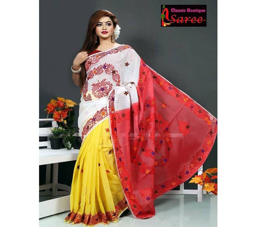 3 sheed Muslin silk with hand embroidery And cut work Applique saree for women