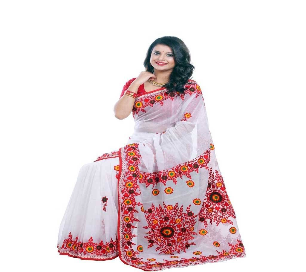 Beautiful Off White with Red Pink, Orange, Green Mix Flower Design in Paar, Anchol Silk Sharee - 970 (SU709)