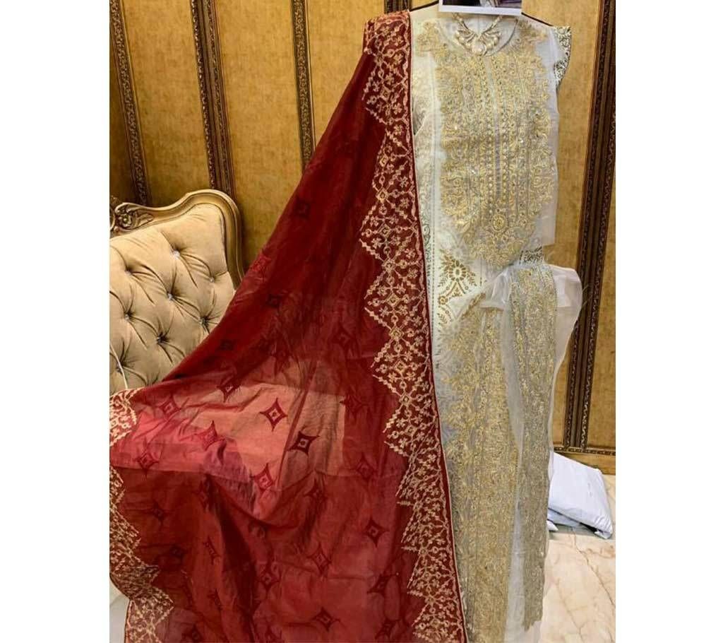 Rang Rasiya premium collection 8127 off white with Maroon 3 pc  AS I 1617 G 76U 8330 1A00 Unstitched Cotton 3 pcs