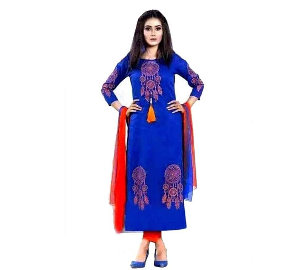 Un-stitched blue block printed cotton salwar kameez seblock-487