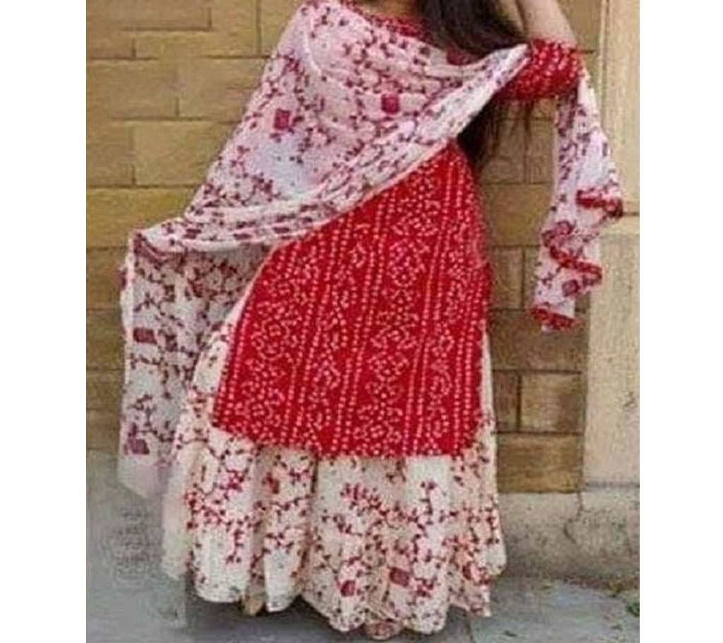 Unstitched Red Block And White Printed Salwar Kameez For Women-free size