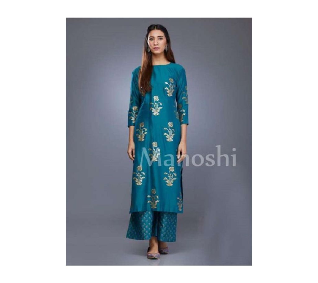 Unstitched Block Printed Cotton Salwar Kamiz Steel Blue Color