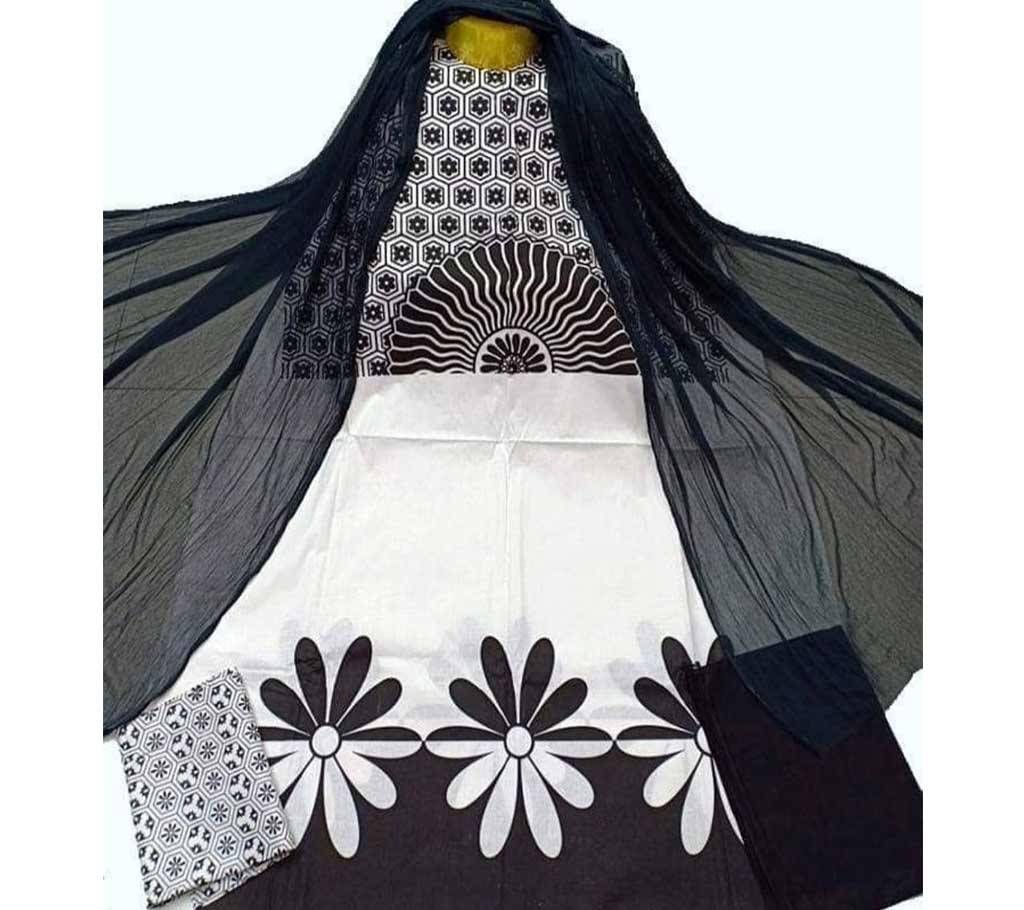 Cotton Un-Stitched Salwar Kameez for Women - Black & white 