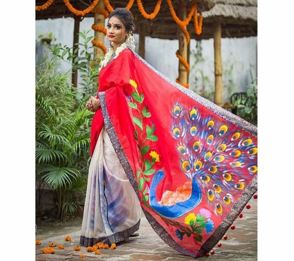 Digital Printed Half Silk Saree with Blouse Piece For Women-3