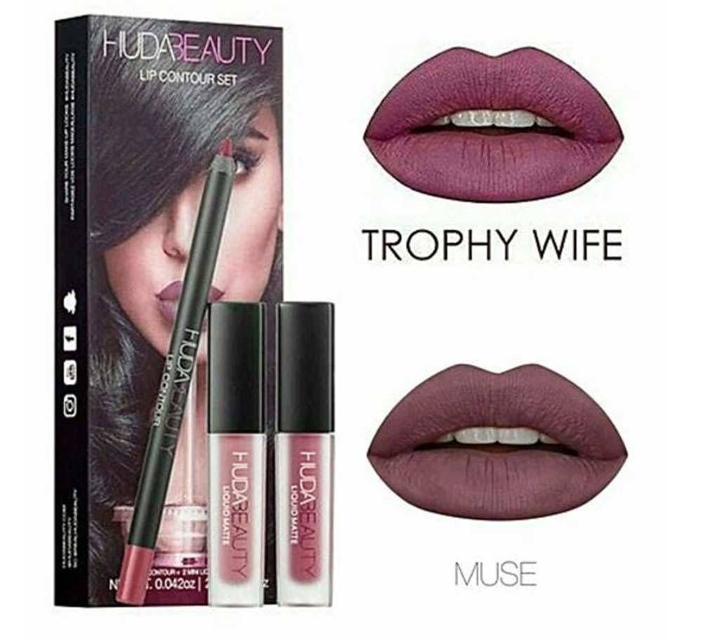 huda beauty lipstick & lip contour set- (pink)