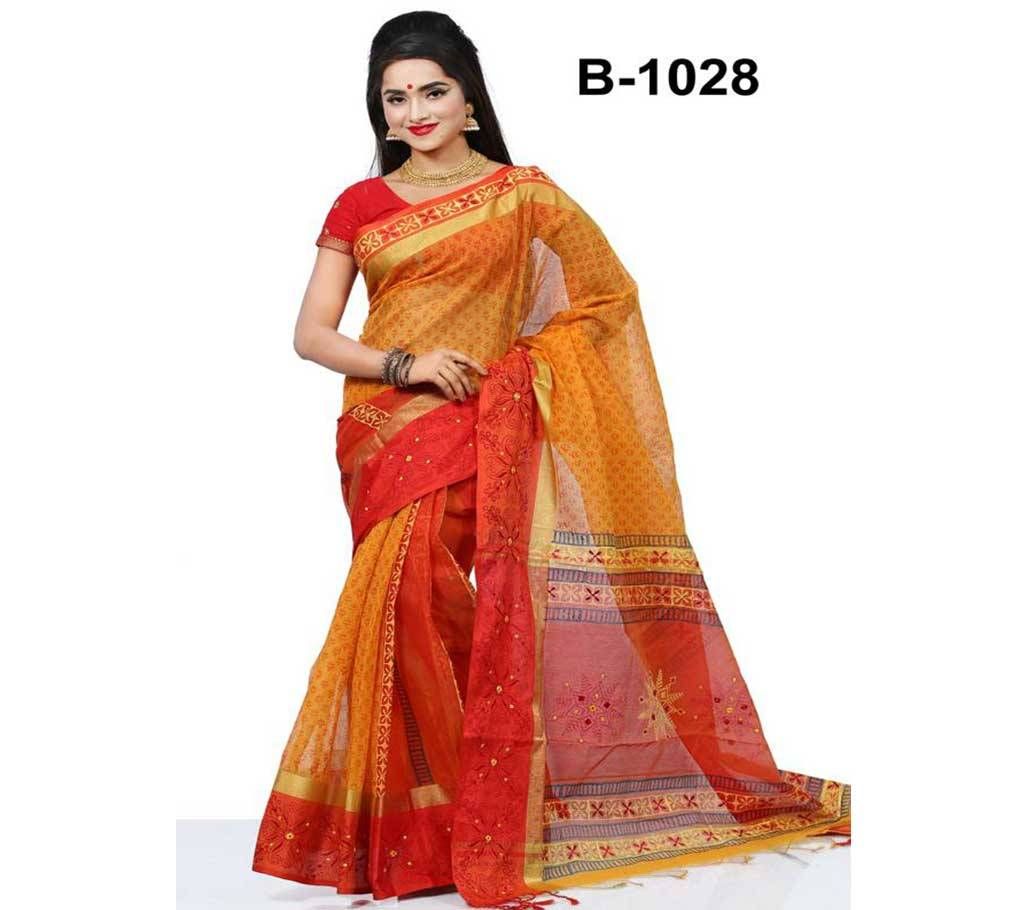 Pure Half Silk With Hand Block & Hand Embroidery Saree