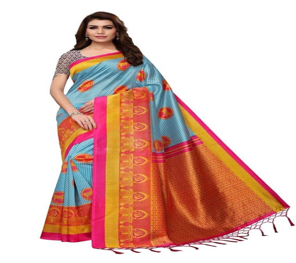 Mayshury Silk Sharee - 14 - Light Steel Blue with Pink and Golden Mix Paar