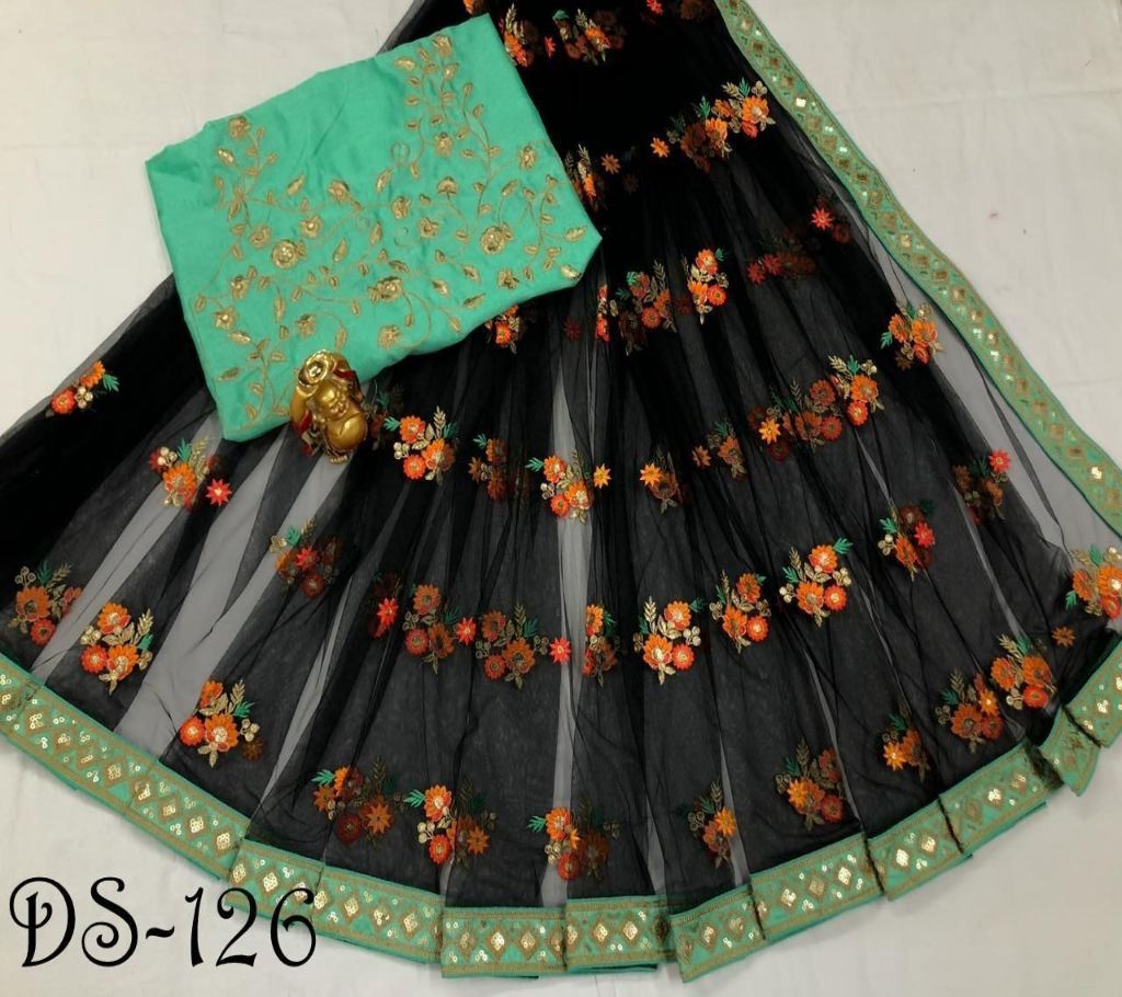 Net Pearl Sharee  DS  126  Black with Orange Flower Design in Body