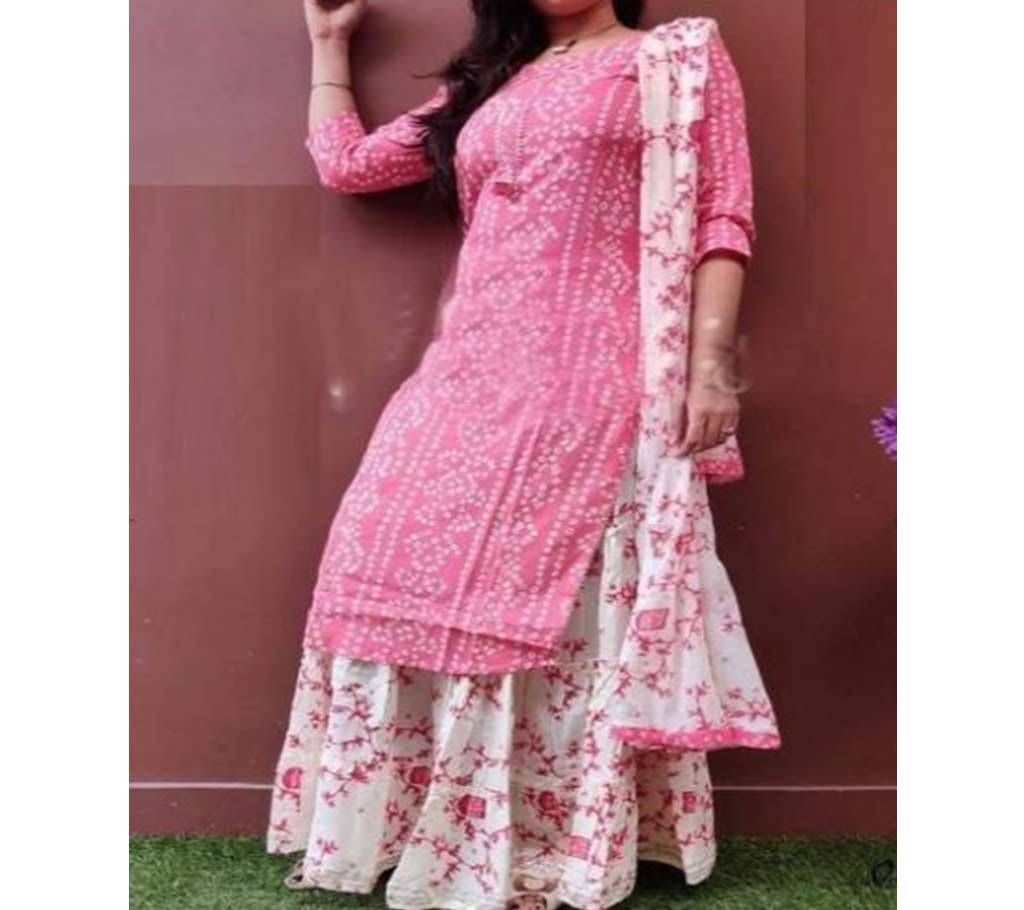 Unstitched Light Pink Block And White Printed Salwar Kameez For Women-free size