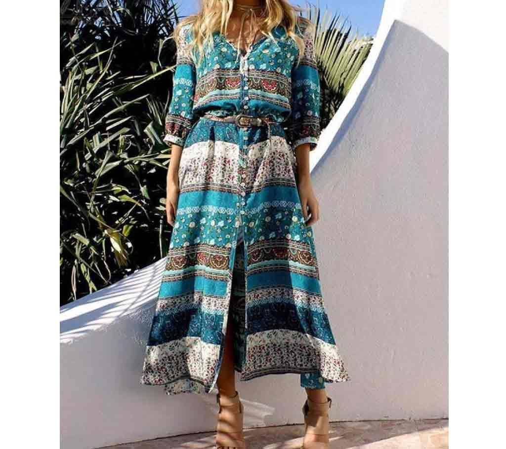  Women's Loose High Split Beach Maxi Party Dress V Neck Floral Print Long Dress