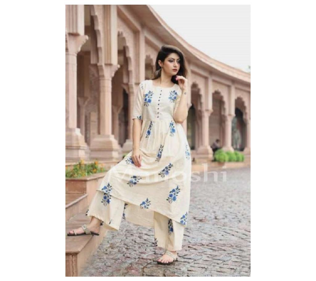 Unstitched Block Printed Cotton Salwar Kamiz Cream Color