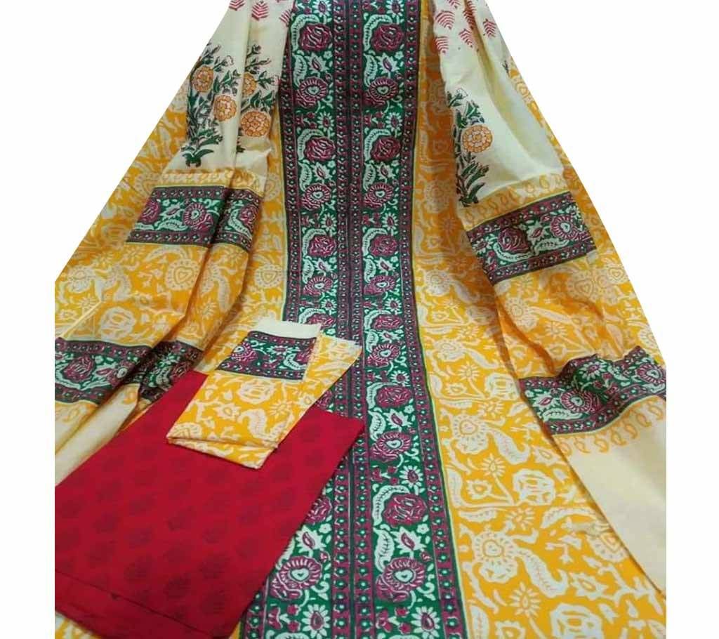 Unstitched Cotton Block Printed 3Pcs- 00064- MDF
